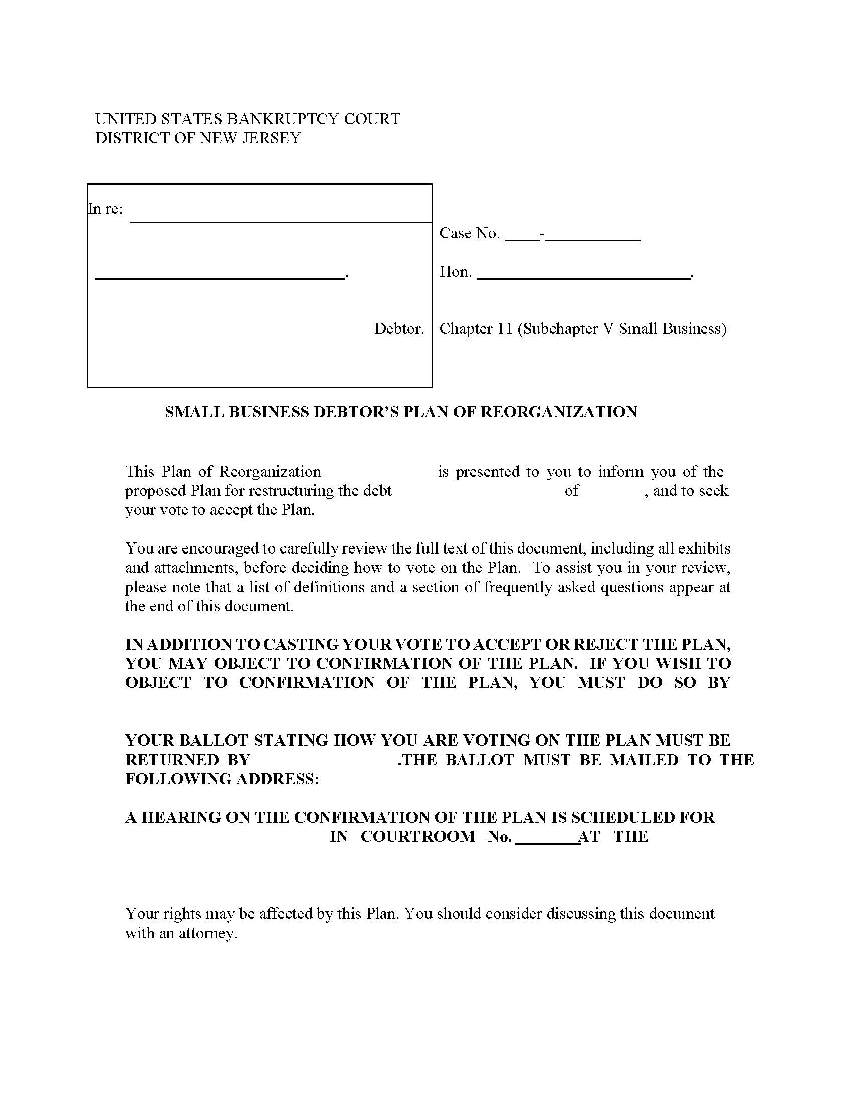 Small Business Debtors Plan of Reorganization [Or Liquidation] {NJB SBDPR-L} | Pdf Fpdf Docx | New Jersey